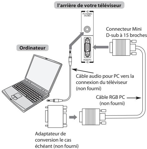 l'arrière de votre téléviseur Ordinateur Connecteur Mini D-sub à 15 broches Câble audio pour PC vers la connexion du téléviseur (non fourni) Câble RGB PC (non fourni) Adaptateur de conversion le cas échéant (non fourni)