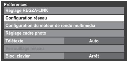 Préférences Réglage REGZA-LINK Configuration réseau Configuration du moteur de rendu multimédia Réglage cadre photo Télétexte Auto Verrouillage réseau Bloc. clavier Arrêt