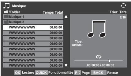 Musique /Folder Temps Total Musique 1 Musique 2 WWWWWWWW 00:00:00 WWWWWWWW 00:00:00 WWWWWWWW 00:00:00 WWWWWWWW 00:00:00 WWWWWWWW 00:00:00 WWWWWWWW 00:00:00 WWWWWWWW 00:00:00 OK Lecture QUICK Fonctionnalités P Page BACK Retour Trier: Titre 2/16 Titre: Artiste: 00:00:00 / 00:00:00