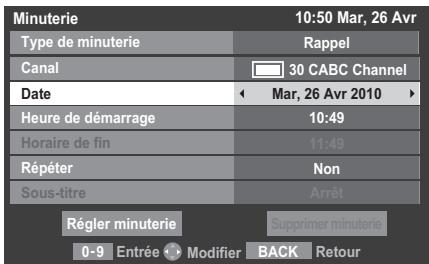 Minuterie 10:50 Mar, 26 Avr Type de minuterie Rappel Canal 30 CABC Channel Date Mar, 26 Avr 2010 Heure de démarrage 10:49 Horaire de fin 11:49 Répéter Non Sous-titre Arrêt Régler minuterie Supprimer minuterie 0-9 Entrée ⬆ Modifier BACK Retour