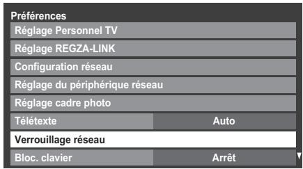 Préférences Réglage Personnel TV Réglage REGZA-LINK Configuration réseau Réglage du périphérique réseau Réglage cadre photo Télétexte Auto Verrouillage réseau Bloc. clavier Arrêt