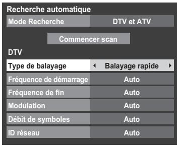 Recherche automatique Mode Recherche DTV et ATV Commencer scan DTV Type de balayage ← Balayage rapide > Fréquence de démarrage Auto Fréquence de fin Auto Modulation Auto Débit de symboles Auto ID réseau Auto