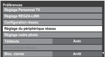 Préférences Réglage Personnel TV Réglage REGZA-LINK Configuration réseau Réglage du périphérique réseau Réglage cadre photo Télétexte Auto Verrouillage réseau Bloc. clavier Arrêt