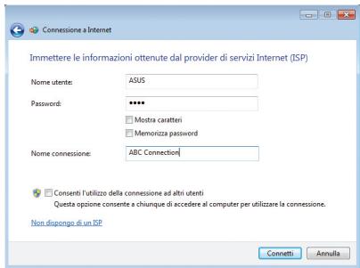 ASUS EEEBOX PC EB1007P-B0107 - Inserire Nome Utente, Password e nome della Connessione. Premere Connetti. - 1