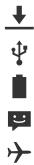 Vertical sequence of icons including downward arrow, battery, battery symbol, smiley face, and airplane