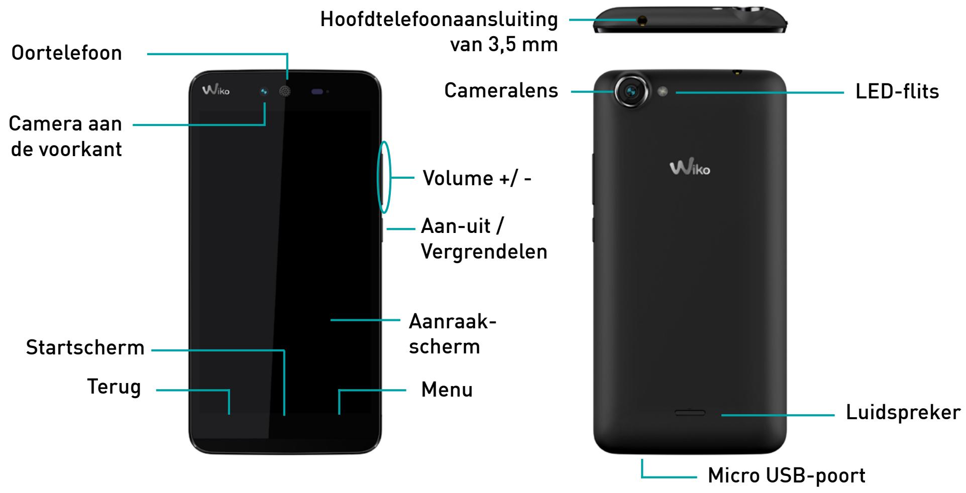 Hoofdtelefoonaansluiting van 3,5 mm Oortelefoon Camera aan de voorkant Volume +/- - Aan-uit / Vergrendelen Startscherm Terug Aanraak-scherm Menu Photo Camera Cameralens LED-flits Wiko Luidspreker Micro USB-poort