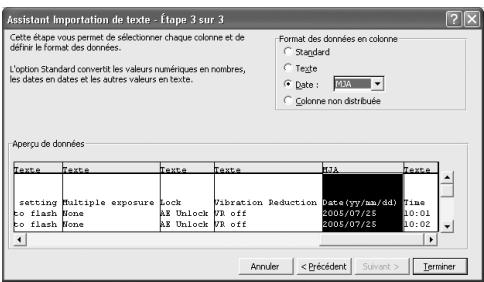 NIKON L-ENREGISTREUR DE DONNEES MV-1 - Exemple d'importation de données avec excel 2000 - 6