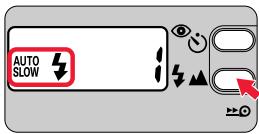 NIKON LITE TOUCH ZOOM 140ED-QD - Appuyez sur le bouton ⏻ jusqu'à ce que l'indication "AUTO SLOW ↗" apparaisse dans l'écran de contrôle. - 1