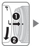 Diagram showing a camera lens with labeled parts and directional arrows, likely illustrating optical or mechanical components.