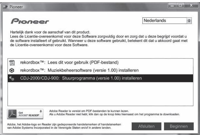 PIONEER CDJ-900 - Wanneer het menu van de CD-ROM verschijnt, stelt u in op [CDJ-2000/CDJ-900: Stuurprogramma installeren] en klikt u op [Beginnen]. - 1