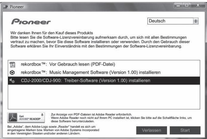 PIONEER CDJ-900 - Wenn das CD-ROM-Menü angezeigt wird, wählen Sie [CDJ-2000/CDJ-900: Treiber-Software installieren] und klicken dann auf [Start]. - 1