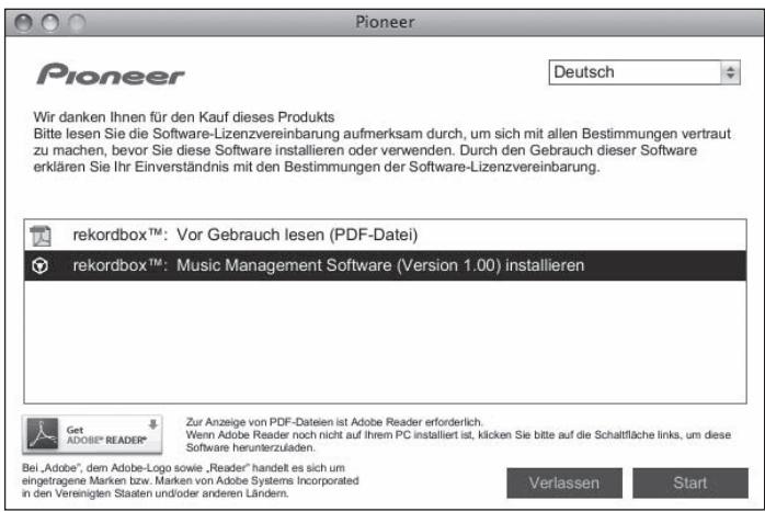 PIONEER CDJ-900 - Wenn das CD-ROM-Menü angezeigt wird, wählen Sie [rekordbox: Music Management Software installieren] und klicken dann auf [Start]. - 1