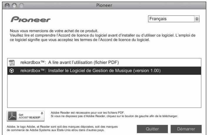PIONEER CDJ-900 - Lorsque le menu du CD-ROM apparaît, sélectionnez [rekordbox: Installer le Logiciel de Gestion de Musique], puis cliquez sur [Démarrer]. - 1