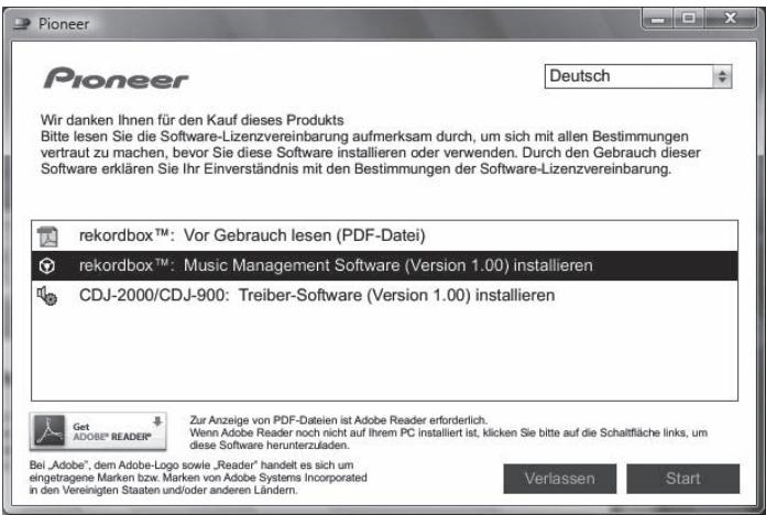 PIONEER CDJ-900 - Wenn das CD-ROM-Menü angezeigt wird, wählen Sie [rekordbox: Music Management Software installieren] und klicken dann auf [Start]. - 1