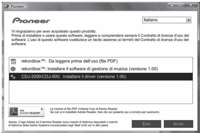 PIONEER CDJ-900 - Quando viene visualizzato il menu del CD-ROM, selezionare [CDJ-2000/CDJ-900: Installare il driver] e quindi fare clic su [Avvio]. - 1