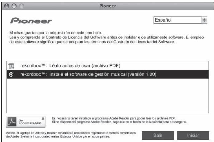 PIONEER CDJ-900 - Cuando se visualiza el menú del CD-ROM, seleccione [rekordbox: Instale el software de gestión musical], y luego haga clic en [Iniciar]. - 1