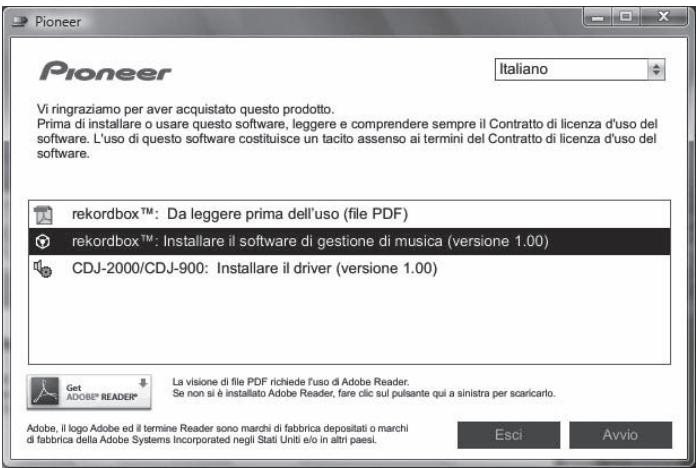PIONEER CDJ-900 - Quando viene visualizzato il menu del CD-ROM, selezionare [rekordbox: Installare il software di gestione di musica] e quindi fare clic su [Avvio]. - 1