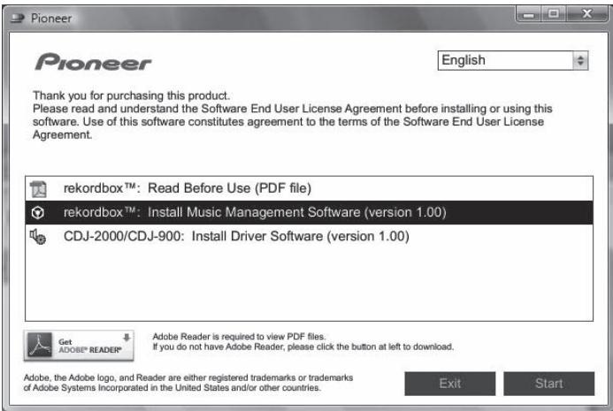PIONEER CDJ-900 - When the CD-ROM's menu is displayed, select [rekordbox: Install Music Management Software], then click [Start]. - 1