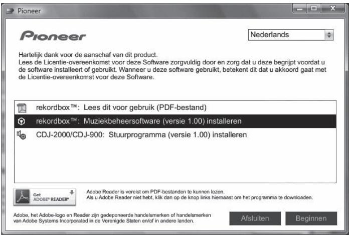 PIONEER CDJ-900 - Wanneer het menu van de CD-ROM verschijnt, stelt u in op [rekordbox: Muziekbeheersoftware installeren] en klikt u op [Beginnen]. - 1