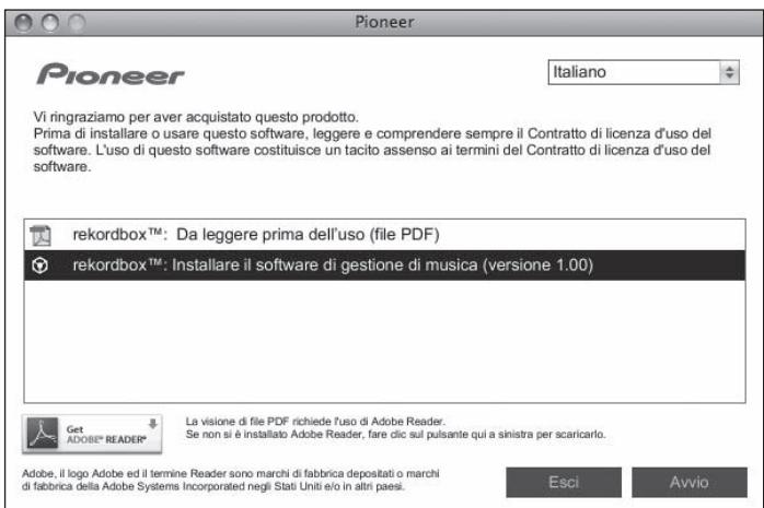 PIONEER CDJ-900 - Quando viene visualizzato il menu del CD-ROM, selezionare [rekordbox: Installare il software di gestione di musica] e quindi fare clic su [Avvio]. - 1