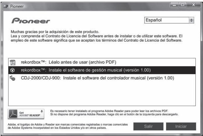 PIONEER CDJ-900 - Cuando se visualiza el menú del CD-ROM, seleccione [rekordbox: Instale el software de gestión musical], y luego haga clic en [Iniciar]. - 1