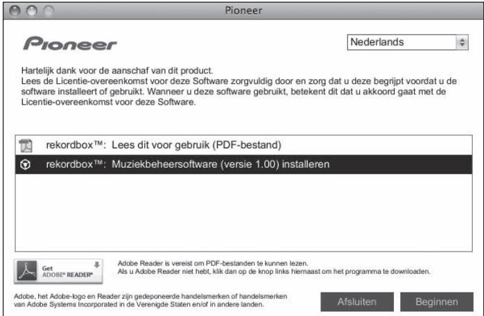 PIONEER CDJ-900 - Wanneer het menu van de CD-ROM verschijnt, stelt u in op [rekordbox: Muziekbeheersoftware installeren] en klikt u op [Beginnen]. - 1