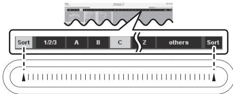 PIONEER DDJ-S1 - Beziehung zwischen dem Alphabet-Suchfeld und [NEEDLE SEARCH (ALPHABET SEARCH)]-Pad - 1