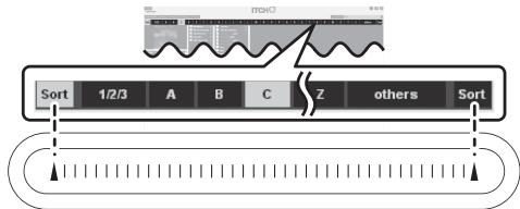 PIONEER DDJ-S1 - Relationship between the alphabet search panel and [NEEDLE SEARCH (ALPHABET SEARCH)] pad - 1