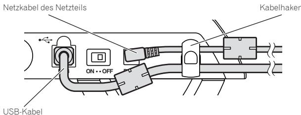 PIONEER DDJ-T1 - Haken Sie das Netzkabel des Netzeils oben auf den Kabelhaken und das USB-Kabel unter. - 1