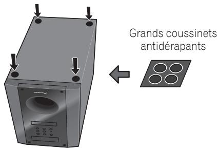 PIONEER HTP-700 - Fixez les coussinets antidérapants sur la base de chaque support d'enceinte et du caisson de basses à récepteur. - 2