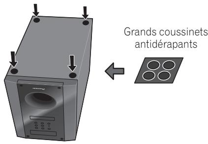 PIONEER HTP-FS500 - Fixez les coussinets antidérapants sur la base de chaque support d'enceinte et du caisson de basses à récepteur. - 2