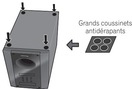 PIONEER HTP-FS510 - Fixez les coussinets antidérapants sur la base de chaque support d'enceinte et du caisson de basses à récepteur. - 2