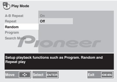 PIONEER X-HM31V-K - Utilisation des flèches ↑/↓ pour sélectionner random off - 1