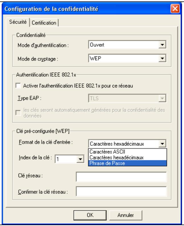 SAGEM XG703A DONGLE WIFI - Génération des clés WEP à partir d'une «phrase de passe - 1