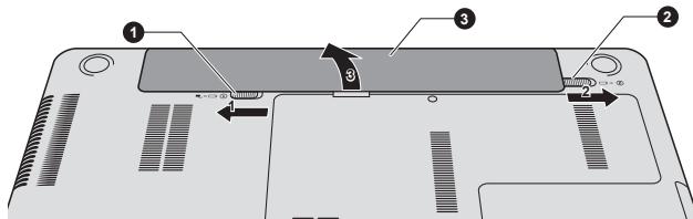 TOSHIBA QOSMIO X870-142,  QOSMIO X870-14H,  QOSMIO X870-154,  QOSMIO X870-156,  QOSMIO X870-157,  QOSMIO X870-15T,  QOSMIO X870-165,  QOSMIO X870-169,  QOSMIO X870-16E - Retrait de la batterie - 1