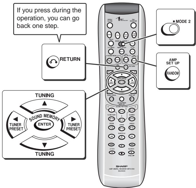 If you press during the operation, you can go back one step. RETURN TUNING SOUND MEMORY ENTER TUNER PRESET TUNER PRESET TUNING MODE 2 AMP SET UP RANDOM 1/4" SENSIN RECOVATION WITH DVD SOYA500 SHARP 1-4" SOUND MEMORY RECOVATION WITH DVD SOYA500