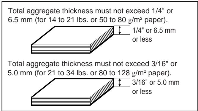 Total aggregate thickness must not exceed 1/4" or 6.5 mm (for 14 to 21 lbs. or 50 to 80 g/m² paper). 1/4" or 6.5 mm or less Total aggregate thickness must not exceed 3/16" or 5.0 mm (for 21 to 34 lbs. or 80 to 128 g/m² paper). 3/16" or 5.0 mm or less