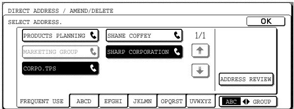 DIRECT ADDRESS / AMEND/DELETE SELECT ADDRESS. PRODUCTS PLANNING SHANE COFFEY 1/1 MARKETING GROUP SHARP CORPORATION CORPO.TPS ADDRESS REVIEW FREQUENT USE ABCD EFGHI JKLMN OPQRST UVWXYZ ABC GROUP