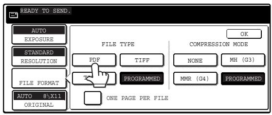 READY TO SEND. AUTO EXPOSURE STANDARD RESOLUTION FILE FORMAT AUTO 8:.X11 ORIGINAL FILE TYPE PDF TIFF T PROGRAMMED COMPRESSION MODE NONE MH (G3) MMR (G4) PROGRAMMED ONE PAGE PER FILE OK