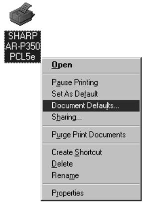 SHARP AR-P350 PCL5e Open Pause Printing Set As Default Document Defaults... Sharing... Purge Print Documents Create Shortcut Delete Rename Properties