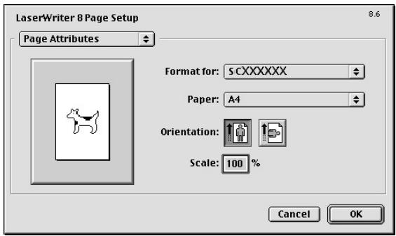LaserWriter 8 Page Setup Page Attributes Format for: S CXXXXXX Paper: A4 Orientation: Scale: 100 % Cancel OK
