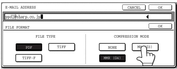 E-MAIL ADDRESS ppd1@sharp.co.jp FILE FORMAT FILE TYPE PDF TIFF TIFF-F COMPRESSION MODE NONE M8 (G3) MMR (G4) OK CANCEL OK