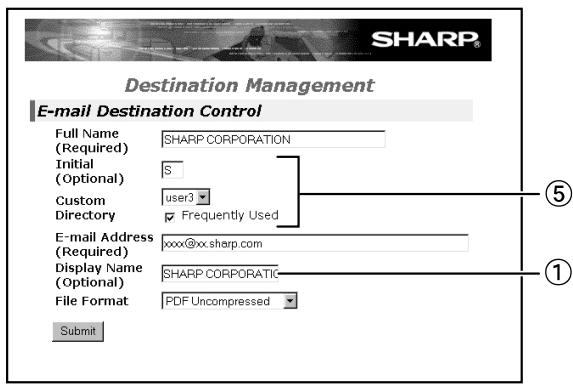 Destination Management E-mail Destination Control Full Name SHARP CORPORATION (Required) Initial S (Optional) Custom user3 Directory ✓ Frequently Used E-mail Address xxx@xx.sharp.com (Required) Display Name SHARP CORPORATIC (Optional) File Format PDF Uncompressed Submit