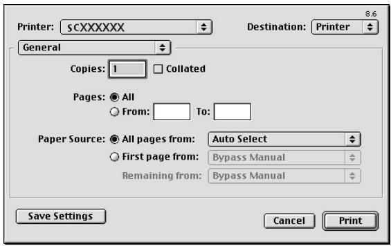 Printer: sCXXXXXX General Destination: Printer Copies: 1 Coliated Pages: All From: To: Paper Source: All pages from: Auto Select First page from: Bypass Manual Remaining from: Bypass Manual Save Settings Cancel Print