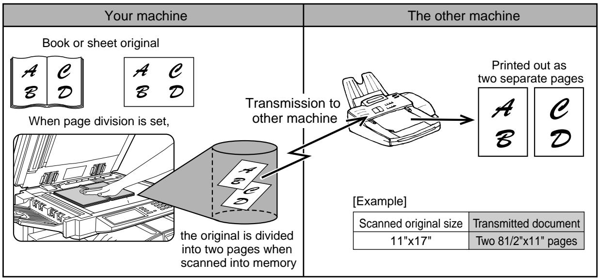 Your machine The other machine Book or sheet original When page division is set, the original is divided into two pages when scanned into memory Transmission to other machine Printed out as two separate pages [Example] Scanned original size Transmitted document 11"x17" Two 81/2"x11" pages