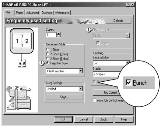 SHARP AR-P350 PCL5e on LPT1: Main Paper Advanced Overlays Watermarks Frequently used setting Copies: 1 Document Style 1-Sided 2-Sided (Book) 2-Sided (Tablet) Parphlet Style Tiled Parphlet Use Settings: Untitled Save... 8-Up Printing: 1-Up Border Finishing: Binding Edge: Left Staple: 2 Staples Punch Job Control... Auto Job Control review OK Cancel Apply Help
