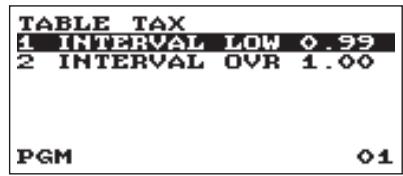 TABLE TAX 1 INTERVAL LOW 0.99 2 INTERVAL OVR 1.00 PGM 01