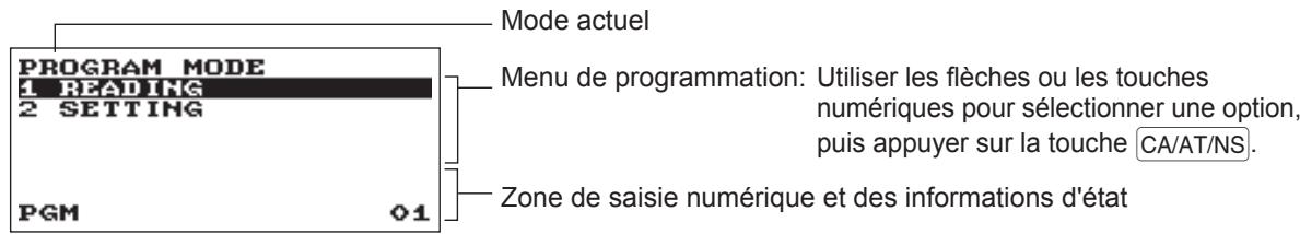 PROGRAM MODE 1 READING 2 SETTING PGM 01 Mode actuel Menu de programmation: Utiliser les flèches ou les touches numériques pour sélectionner une option, puis appuyer sur la touche CA/AT/NS. Zone de saisie numérique et des informations d'état