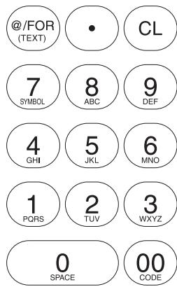 @/FOR (TEXT) • CL 7 SYMBOL 8 ABC 9 DEF 4 GHI 5 JKL 6 MNO 1 PORS 2 TUV 3 WXYZ 0 SPACE 00 CODE
