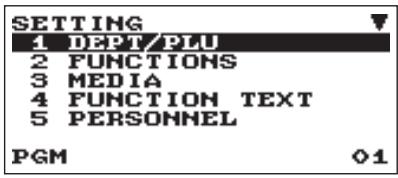 SETTING 1 DEPT/PLU 2 FUNCTIONS 3 MEDIA 4 FUNCTION TEXT 5 PERSONNEL PGM 01